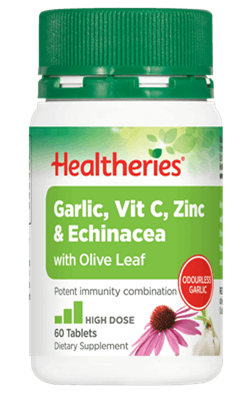 Healtheries Garlic, Vit C, Zinc & Echinacea with Olive Leaf 60 Tablets